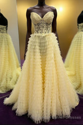Yellow Lace-Up Floral Multi-Layers Strapless A-line Long Semi Formal Prom Dress